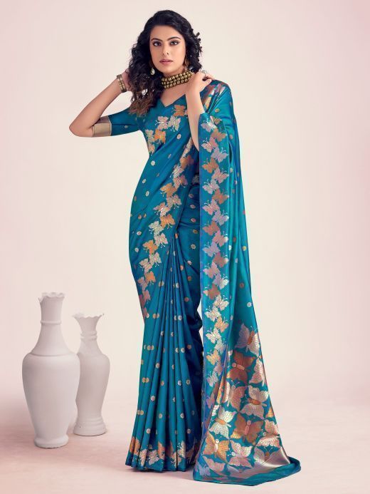 Captivating Blue Zari Weaving Banarasi Silk Function Wear Saree