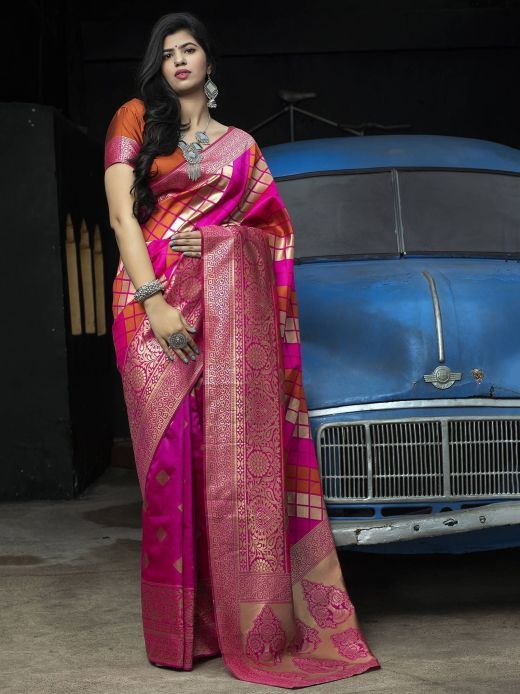 Pink-Orange Banarasi Silk Festival Wear Saree With Blouse 