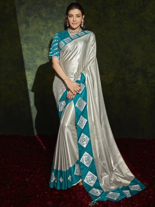 Captivating Grey Embroidery Silk Party Wear Saree