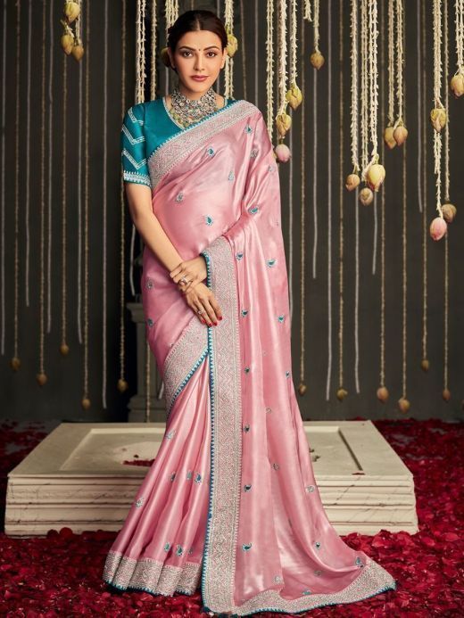 Glamorous Pink Fancy Silk Embroidered Party Wear Saree With Blouse