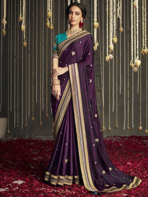 Amazing Dark Purple Silk Embroidered Wedding Wear Saree With Choli