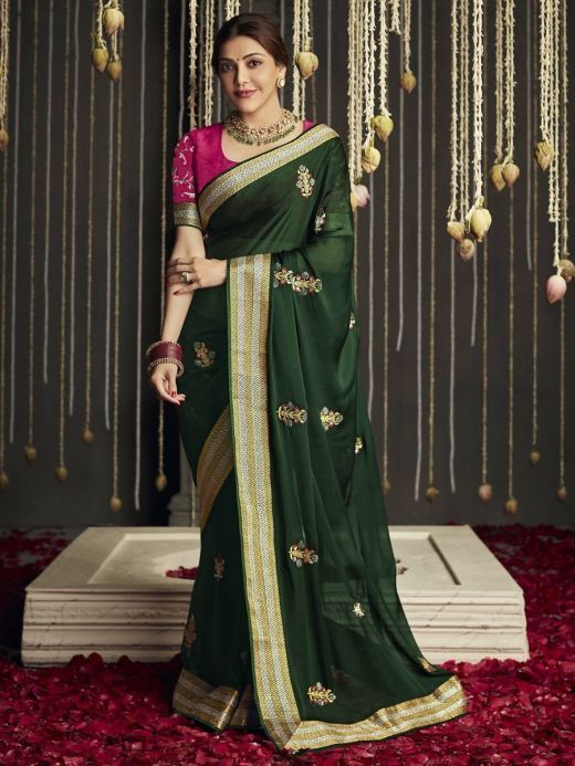 Impressive Dark Green Color Silk Thread Event Wear Saree For Women