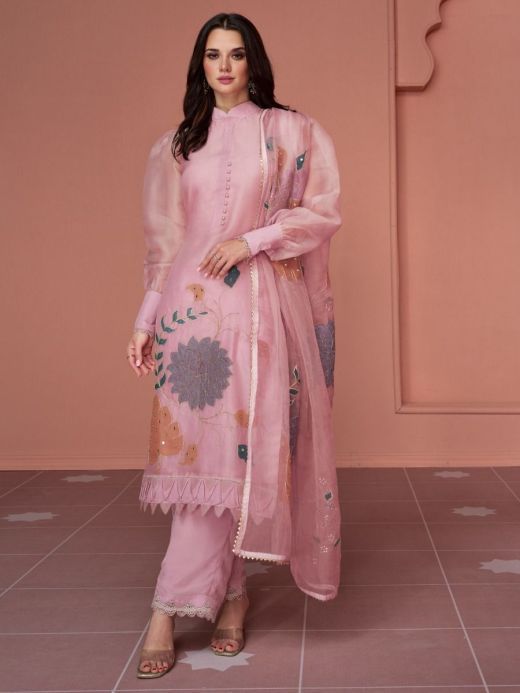 Alluring Pink Dori Work Organza Festive Wear Salwar Suit