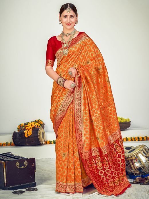 Fantastic Orange Banarasi Silk Wedding Wear Saree
