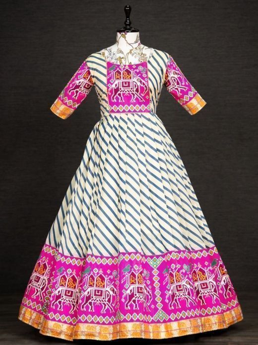 Awesome White And Pink Zari Weaving Jacquard Ready-Made Gown