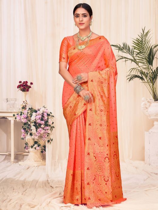 Peach Banarasi Silk Wedding Wear Saree With Blouse