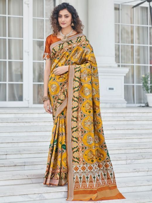 Remarkable Yellow Patola Weaving Silk Reception Wear Saree With Blouse