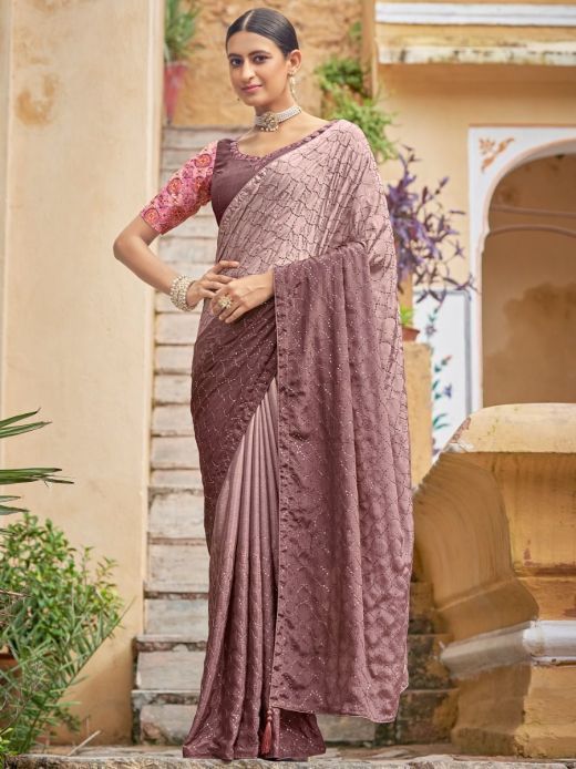 Shaded Dusty Pink Sequins Embroidered Chinon Festive Wear Saree