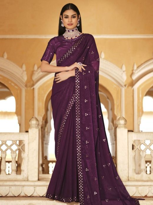 Winning Wine Sequined Embroidered Chinon Festival Wear Saree With Blouse