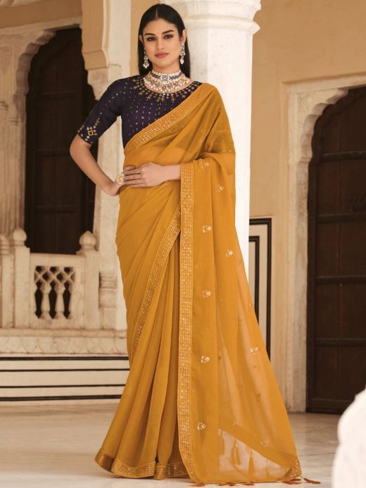  Quaint Yellow Sequined Chinon Festival Wear Saree With Blouse