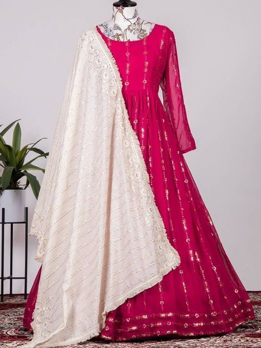 Glamorous Pink Sequins Embroidered Georgette Gown With Dupatta