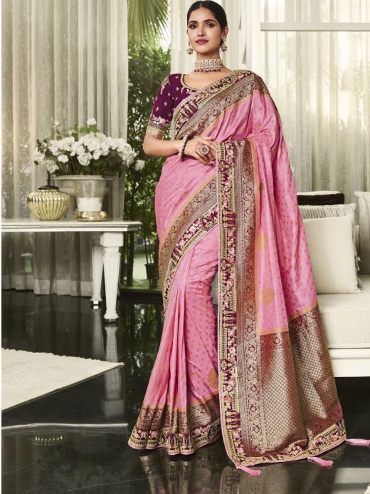 Embellished Pink Banarasi Silk bridal Saree With Blouse