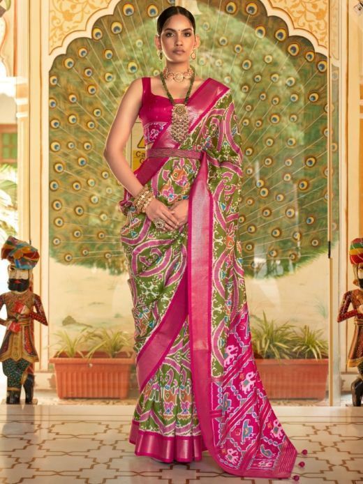 Awesome Green And Pink Patola Printed Dola Silk Saree