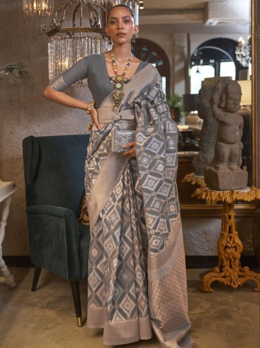 Awesome Grey Woven Linen Festival Wear Saree With Blouse