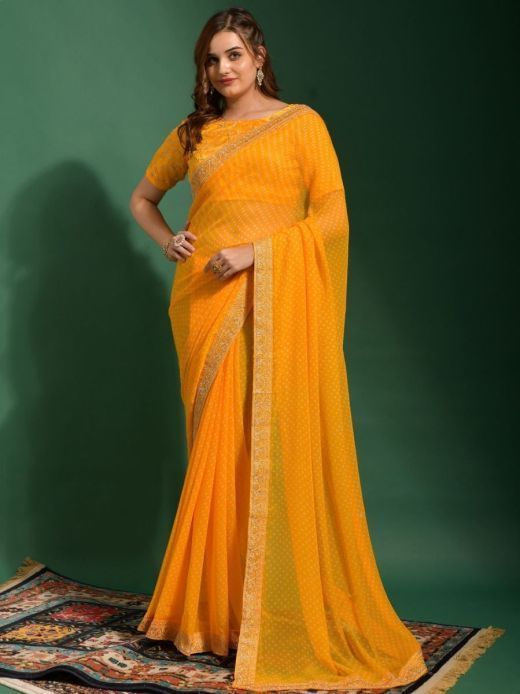 Impressive Yellow Bandhani Printed Chiffon Saree With Blouse
