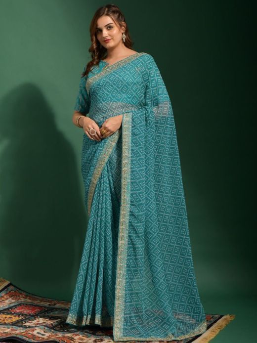 Ravishing Blue Thread Embroidery Chiffon Festival Wear Saree