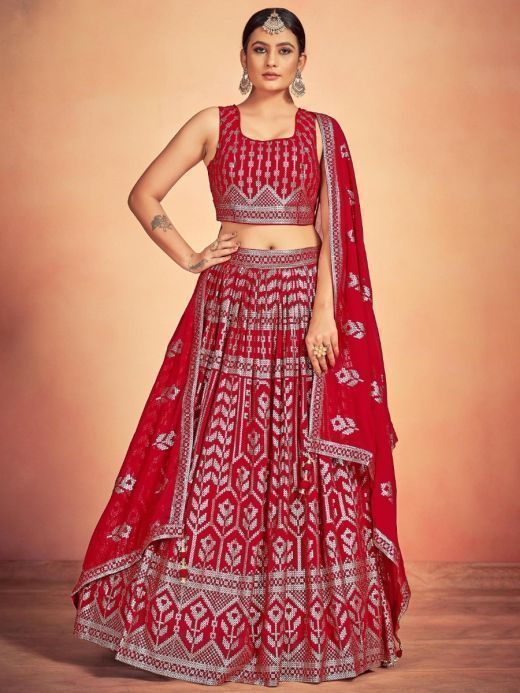 Lovely Red Sequins Georgette Sangeet Wear Lehenga Choli With Dupatta