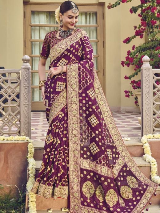 Charming Wine Color Woven Georgette Festival Wear Saree With Blouse