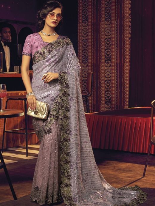 Riveting Purple Sequined Digital Net Cocktail Party Saree With Blouse