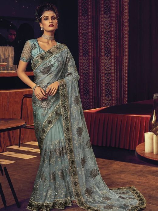 Engrossing Sea Green Sequined Net Cocktail  Saree With Blouse
