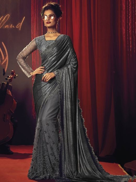 Eloquent Grey Sequined Net Party Wear Saree With Blouse