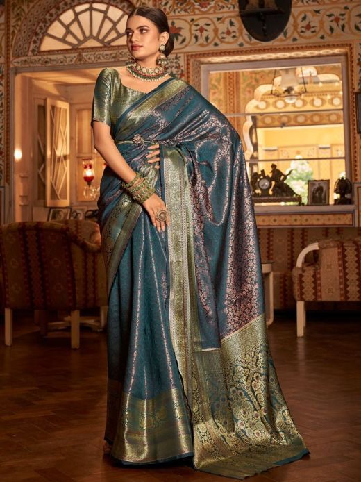 Captivating Olive Blue Zari Weaving Kanjivaram Silk Saree