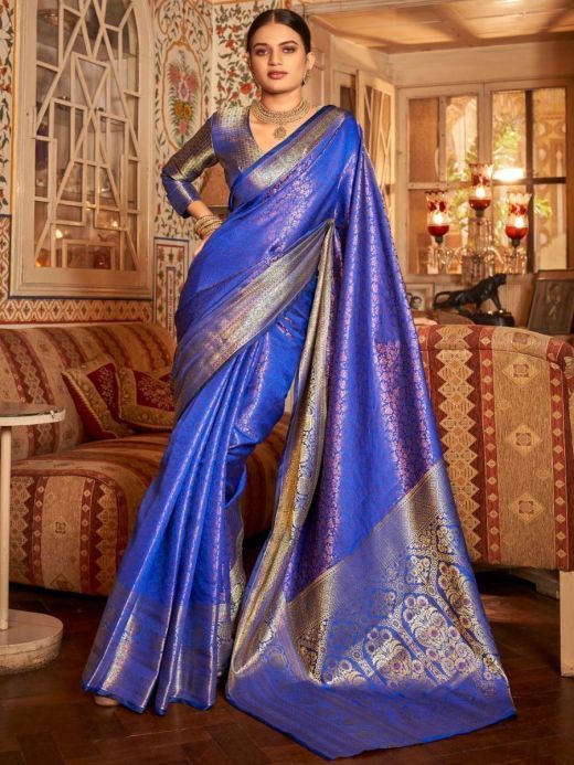 Charming Blue Zari Weaving Kanjivaram Silk Saree With Blouse
