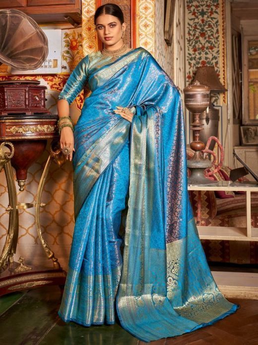 Exquisite Sky Blue Heavy Zari Weaving Kanjivaram Silk Saree