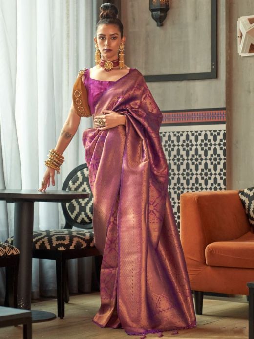 Spectacular Purple Heavy Zari Weaving Silk Reception Wear Saree