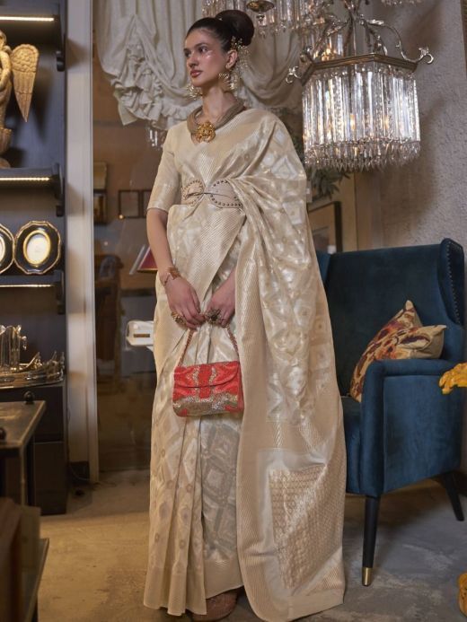 Astounding Ivory Zari Woven Linen Festival Wear Saree With Blouse