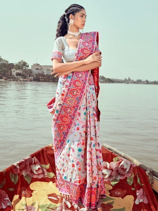 Beautiful Off-White Pashmina Minakari Weaving Saree 