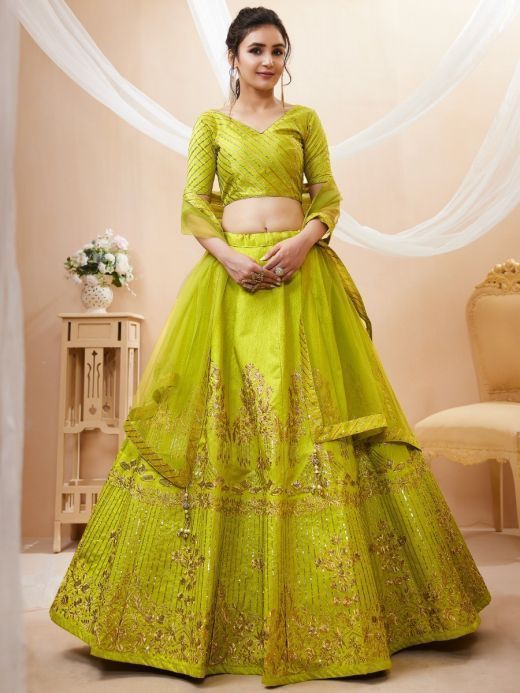 Outstanding Green Sequins Silk Engagement Wear Lehenga Choli