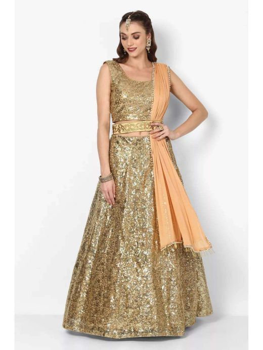 Gold Sequence Embroidered Art Silk Partywear Lehenga Choli 