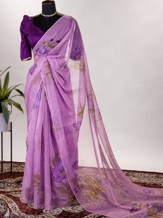 Surprising Lavender Organza Floral Printed Saree With Blouse