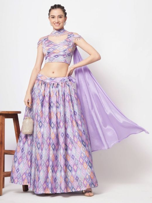 Ravishing Lavender Printed Party Wear Silk Lehenga Choli