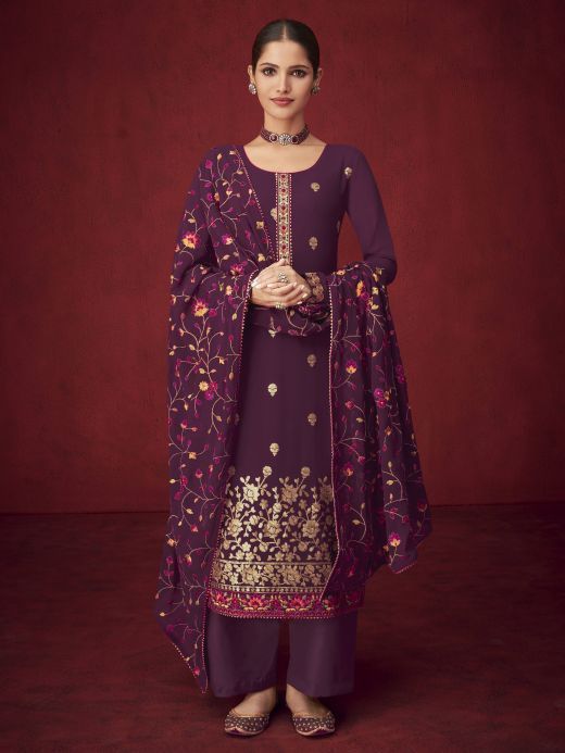 Tremendous Purple Thread Embroidered Georgette Festive Wear Salwar Suit