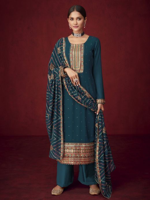 Gigantic Teal Blue Thread Embroidered Georgette Festive Wear Salwar Suit