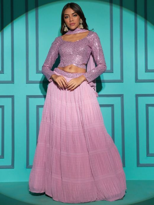 Sumptuous Pink Sequins Georgette Wedding Wear Lehenga Choli