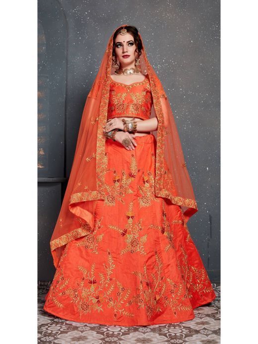 Orange Embroidered Silk Wedding Lehenga Choli 