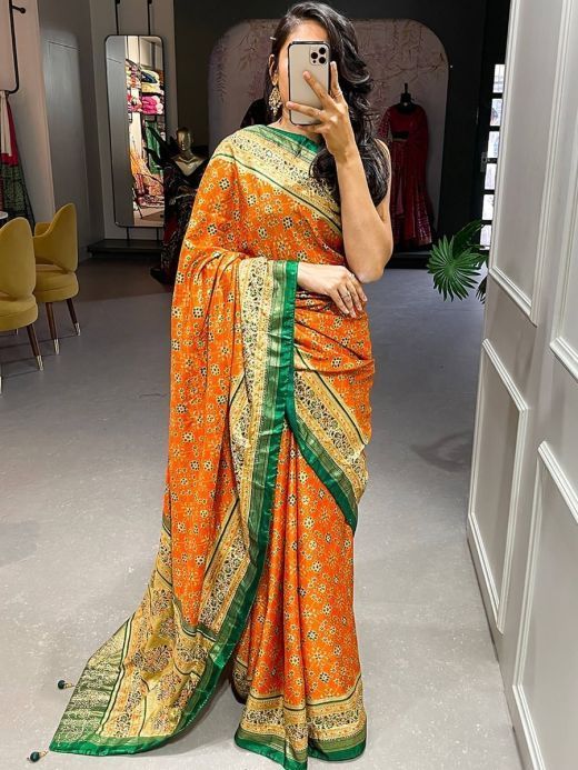 Enchanting Orange Foil printed Silk Festival Wear Saree With Blouse