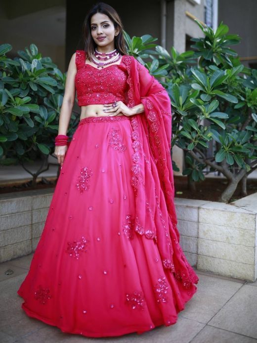 Beautiful Pink Sequins Georgette Wedding Lehenga Choli With Dupatta