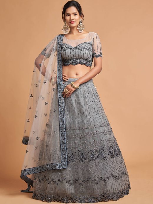 Unique Grey Dori Thread Embroidered Net Wedding Lehenga Choli