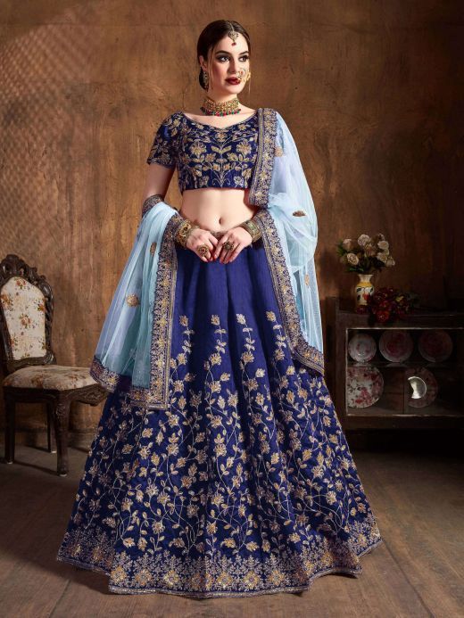 Navy Blue Sequins Raw Silk Bridal Lehenga Choli With Sky Blue Dupatta 