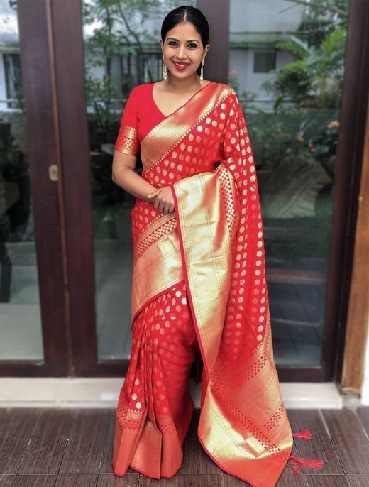 Gorgeous Golden Red Banarasi Silk Zari Weaving Work Wedding Wear Saree