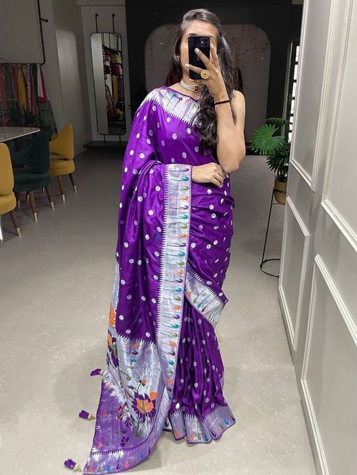 Exquisite Purple Zari Weaved Viscose Marriage Wear Saree With Blouse 