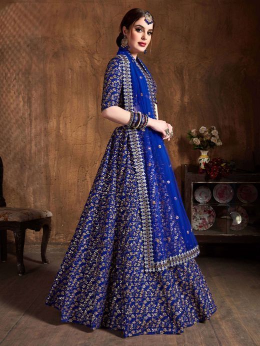 Blue Zari Embroidery Raw Silk Wedding Lehenga Choli With Dupatta 