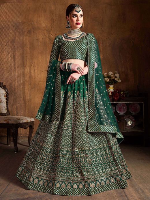 Bottle Green Sequins Raw Silk Wedding Lehenga Choli With Dupatta 