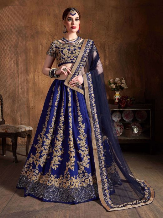 Navy Blue Embroidery Raw Silk Wedding Lehenga Choli With Dupatta 