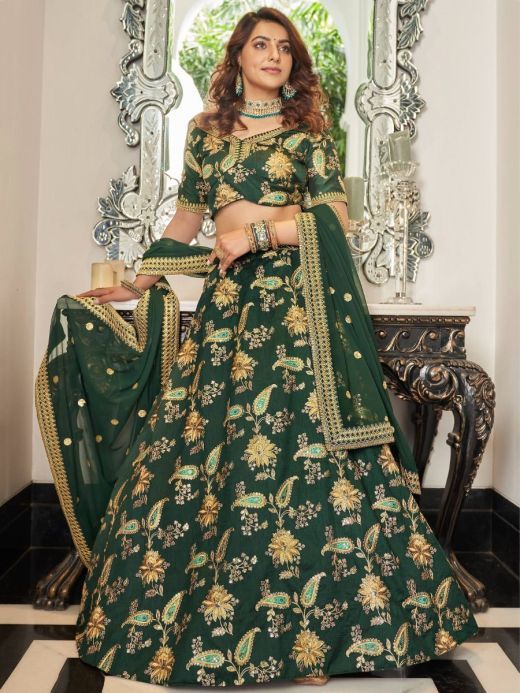 Prodigious Green Thread Embroidery Art Silk Wedding Lehenga Choli