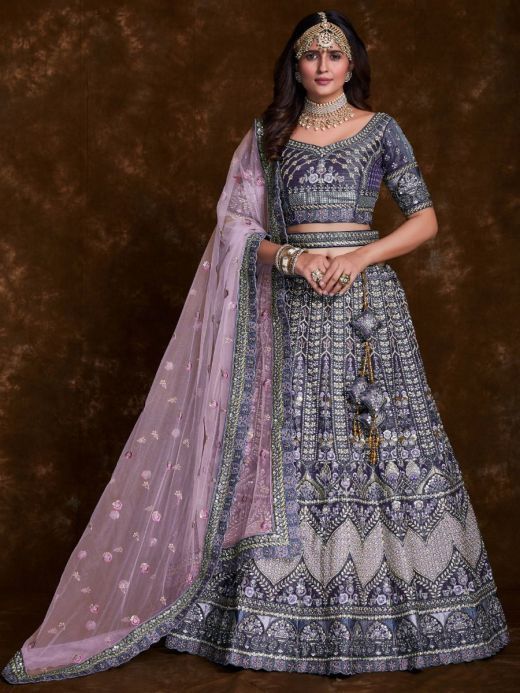 Vibrant Violet Embroidered Art Silk Wedding Lehenga Choli With Dupatta